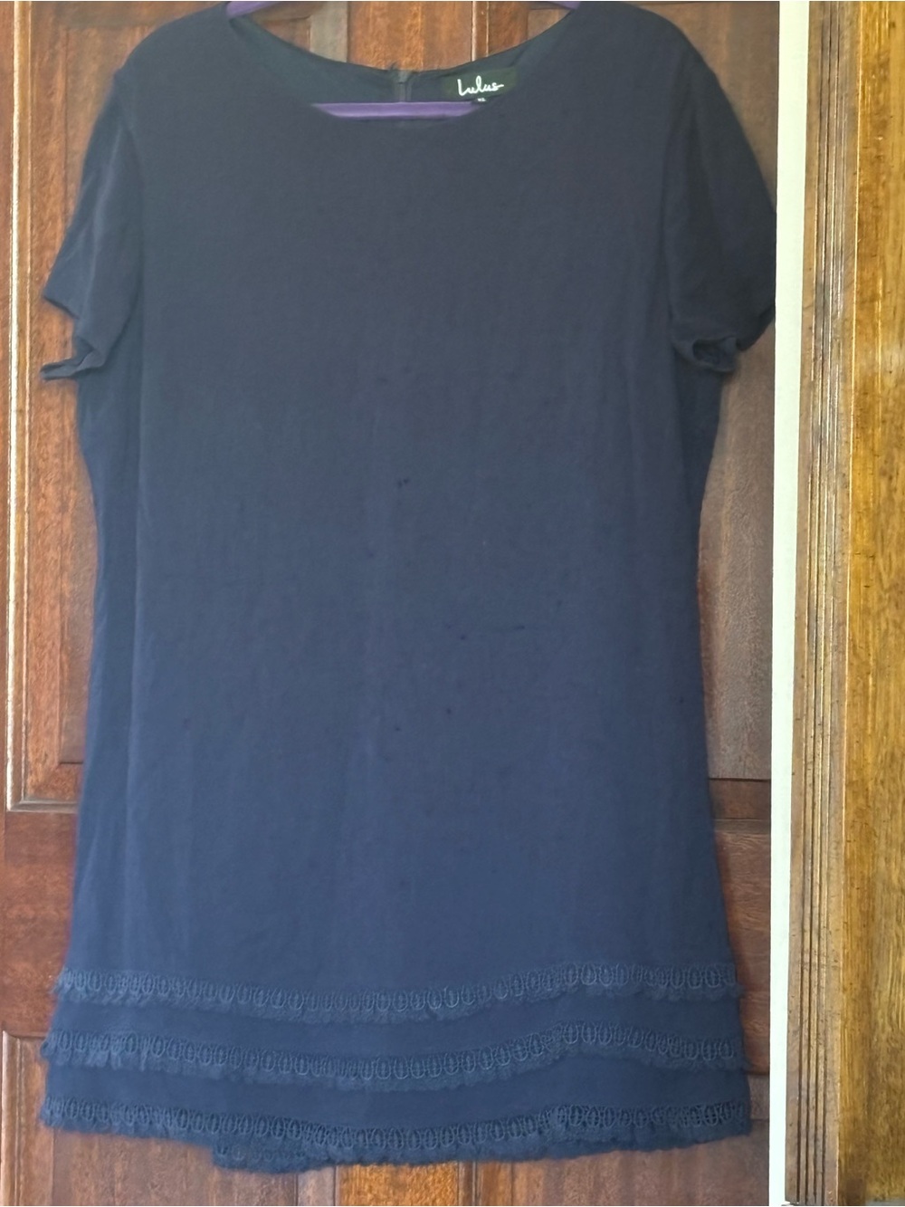 Lulu's Navy Short Sleeve Midi Dress with Lace Trim